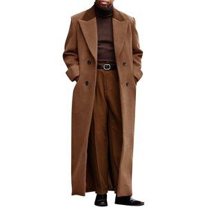 Men's Coffee Full Length Trench Coat Notched Lapel Long Jacket Double Breasted
